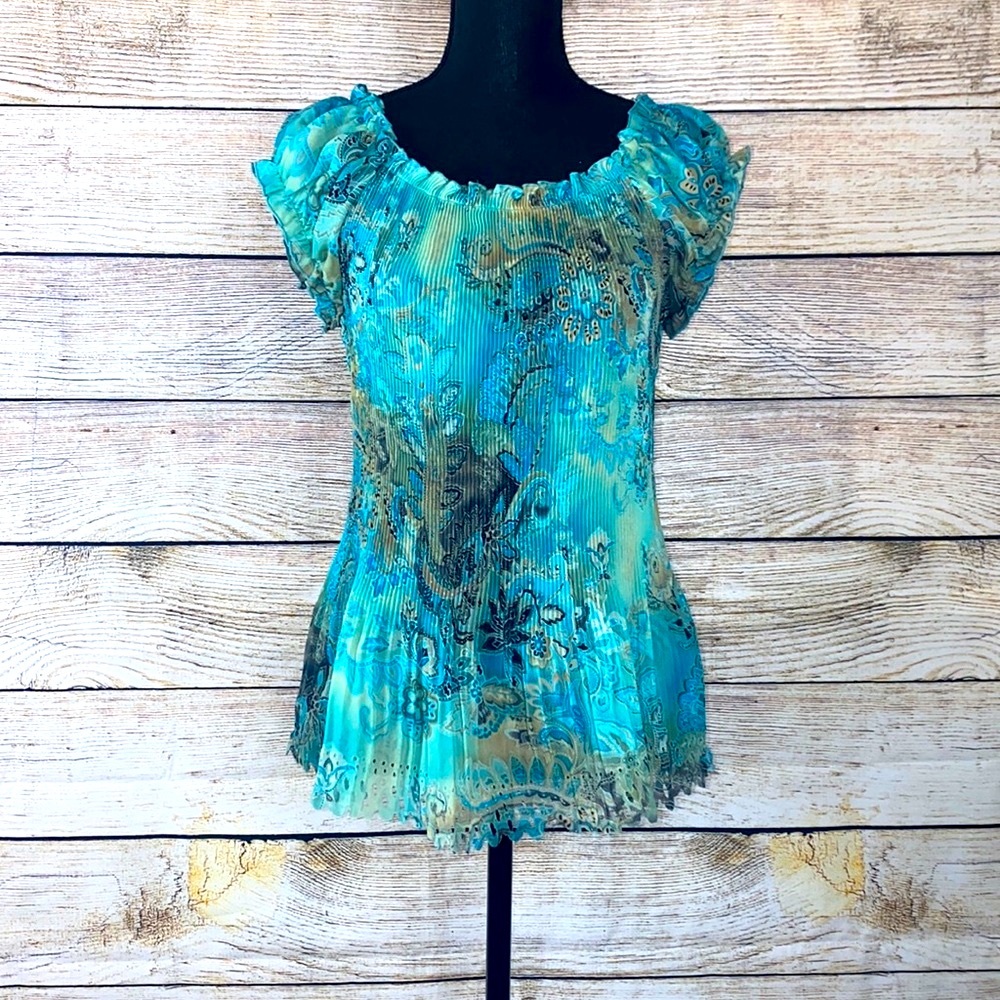 Teal Blue Ruffle Short Sleeve Paisley Print Blouse